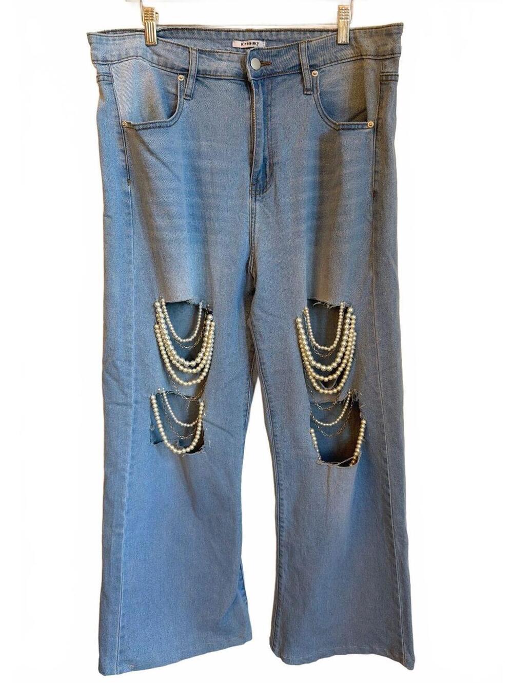 Kréamy Light Blue Wide Leg Jeans Pearl Embellishments Size 1X Glam Denim